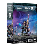 Warhammer 40,000 - Leagues of Votann - Buri Aegnirssen - Warhammer 40,000 Leagues of Votann Buri Aegnirssen miniature box featuring armored dwarf warrior with large sword and battle