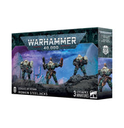 Warhammer 40,000 - Leagues of Votann - Ironkin Steeljacks - Set of three detailed Warhammer 40,000 Leagues of Votann Ironkin Steeljacks miniatures in dark metallic armor with blue and.