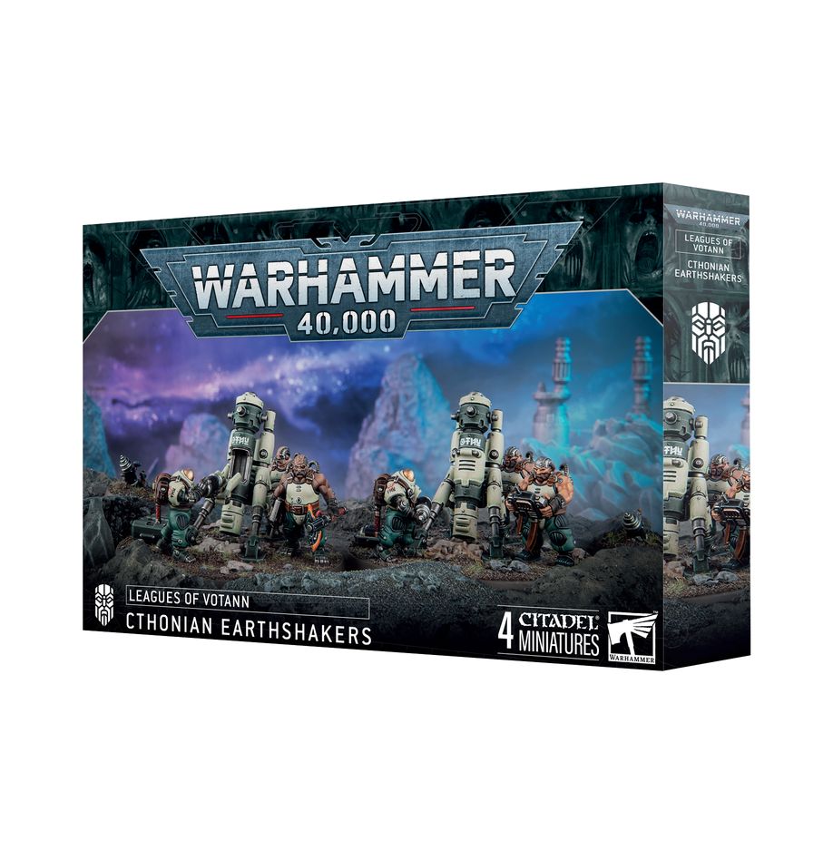 Warhammer 40,000 - Leagues of Votann - Cthonian Earthshakers - Boxed set of Warhammer 40,000 Leagues of Votann Cthonian Earthshakers featuring four detailed sci-fi war machines in gray.