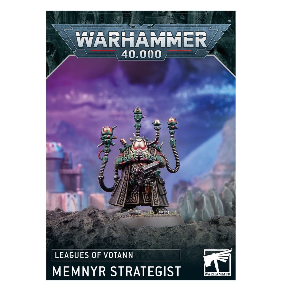 Warhammer 40,000 - Leagues of Votann - Memnyr Strategist - Warhammer 40,000 Leagues of Votann miniature in dark armor with intricate gold detailing and mechanical arms holding orbs.