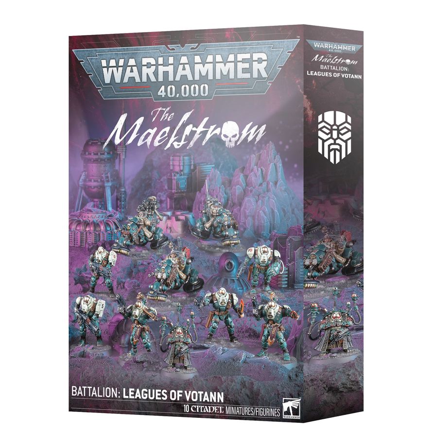 Warhammer 40,000 - Leagues of Votann - The Maelstrom Battalion (PREORDER) - Warhammer 40,000 Leagues of Votann Maelstrom Battalion box with detailed sci-fi miniatures in blue and gray armor on purple.