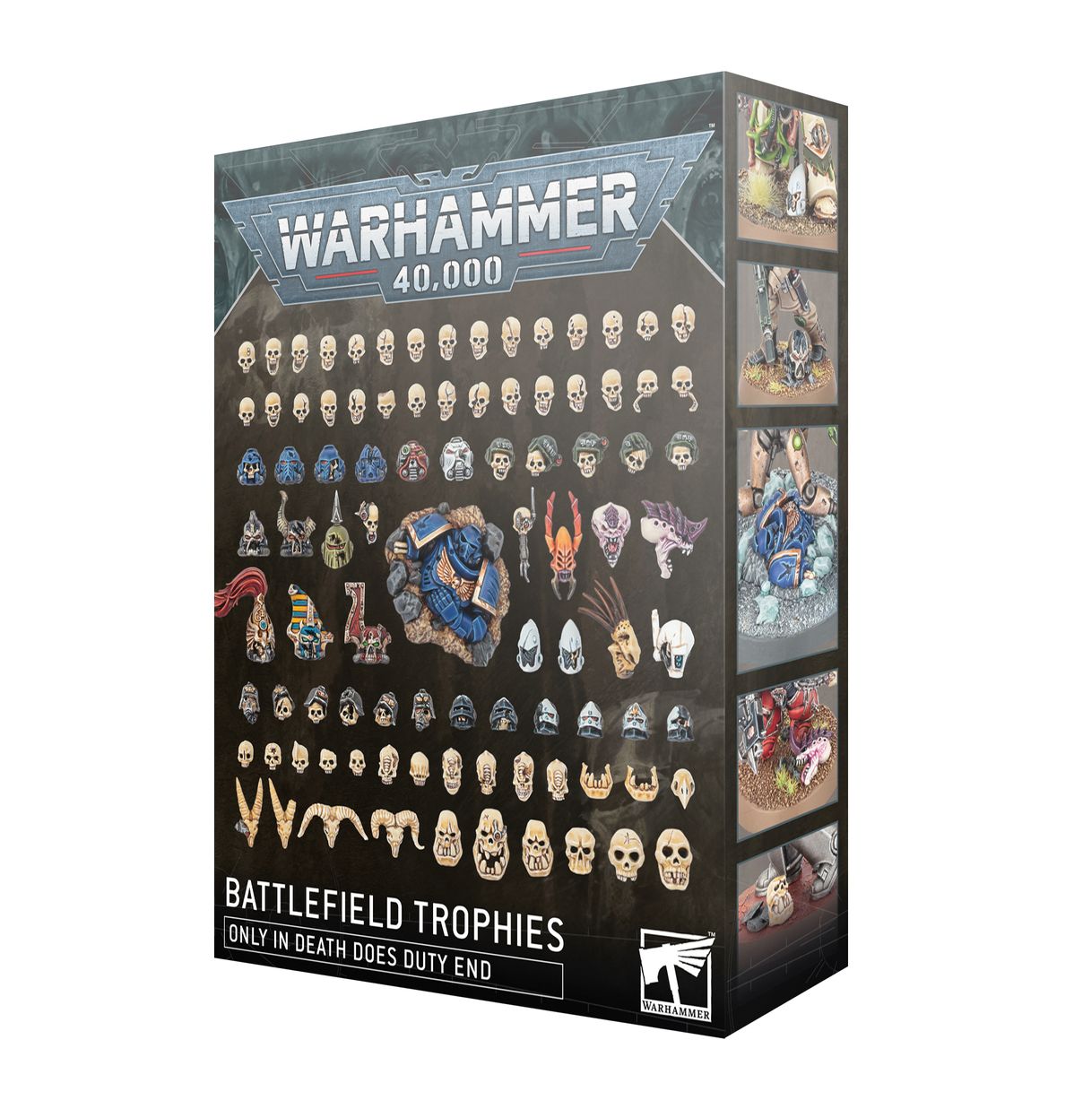 Warhammer 40,000 - Battlefield Trophies - Warhammer 40,000 Battlefield Trophies set featuring painted miniature skulls, heads, and trophies in various colors and.