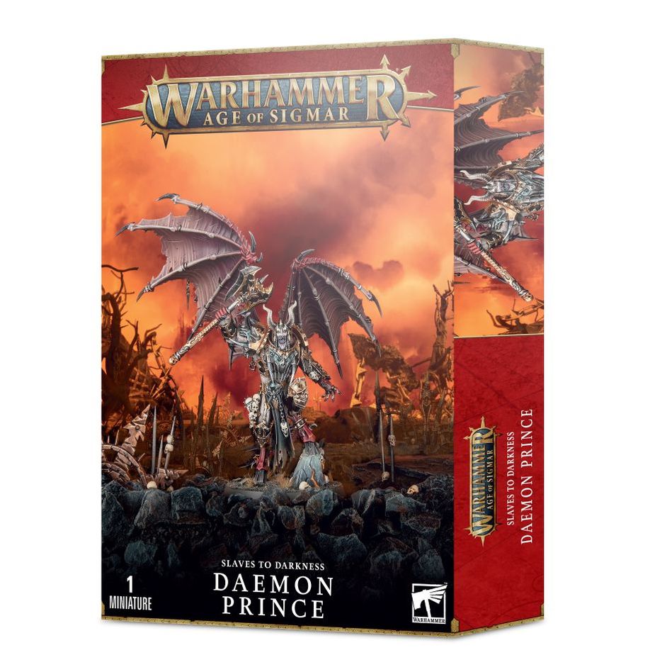 Warhammer Age of Sigmar - Slaves to Darkness - Daemon Prince - Warhammer Age of Sigmar Slaves to Darkness Daemon Prince box art with dark winged armored figure and fiery background.
