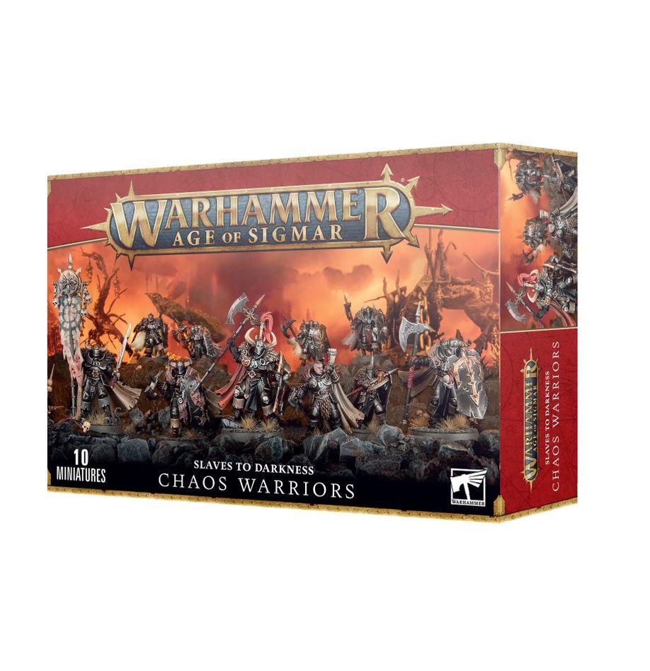 Warhammer Age of Sigmar - Slaves to Darkness - Chaos Warriors - Boxed set of 10 detailed plastic Chaos Warriors miniatures in dark armor with spikes and weapons, Warhammer Age of Sigmar.