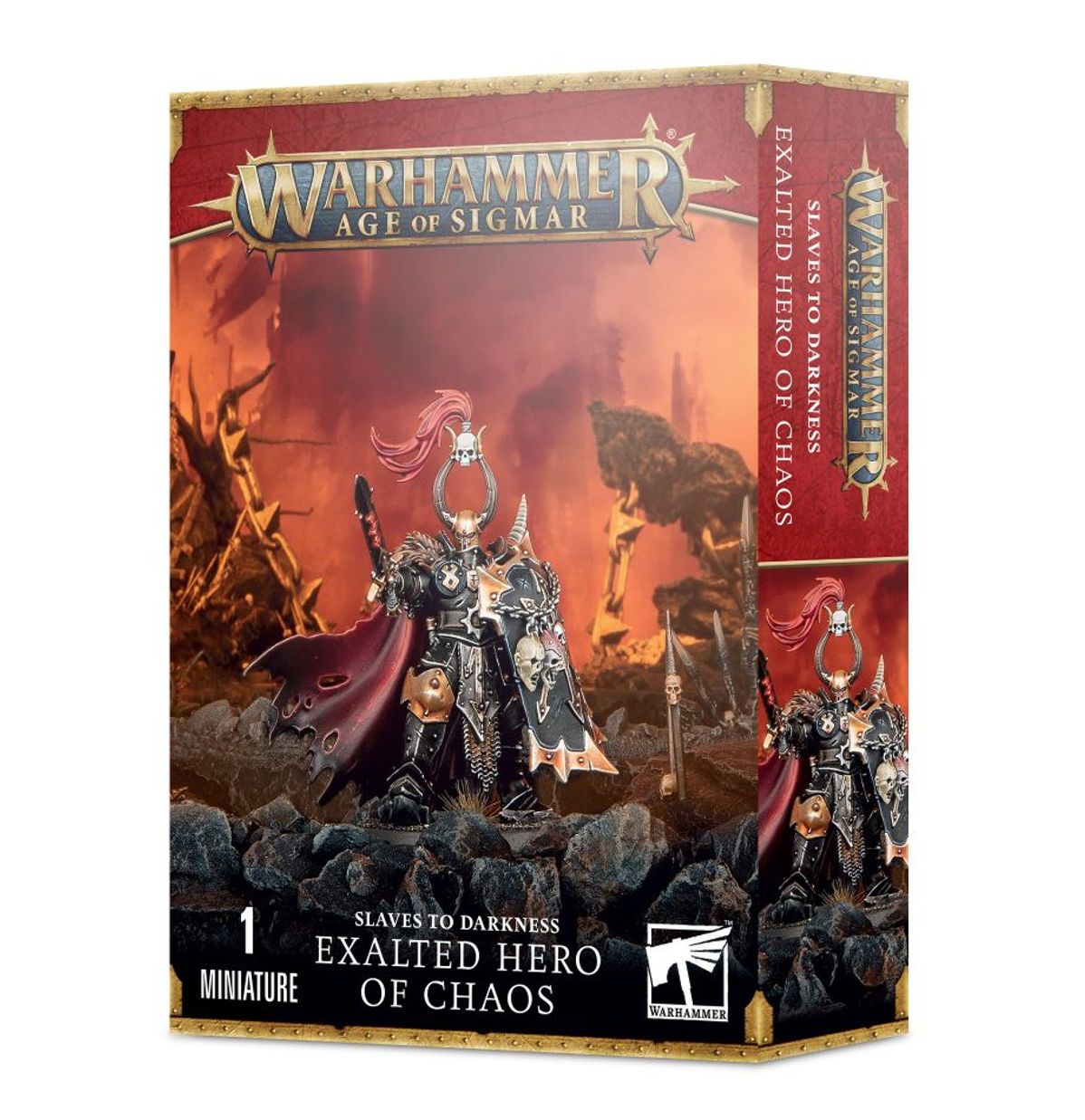 Warhammer Age of Sigmar - Slaves to Darkness - Exalted Hero of Chaos - Boxed Warhammer Age of Sigmar Exalted Hero of Chaos miniature set with dark fantasy artwork and fiery background.