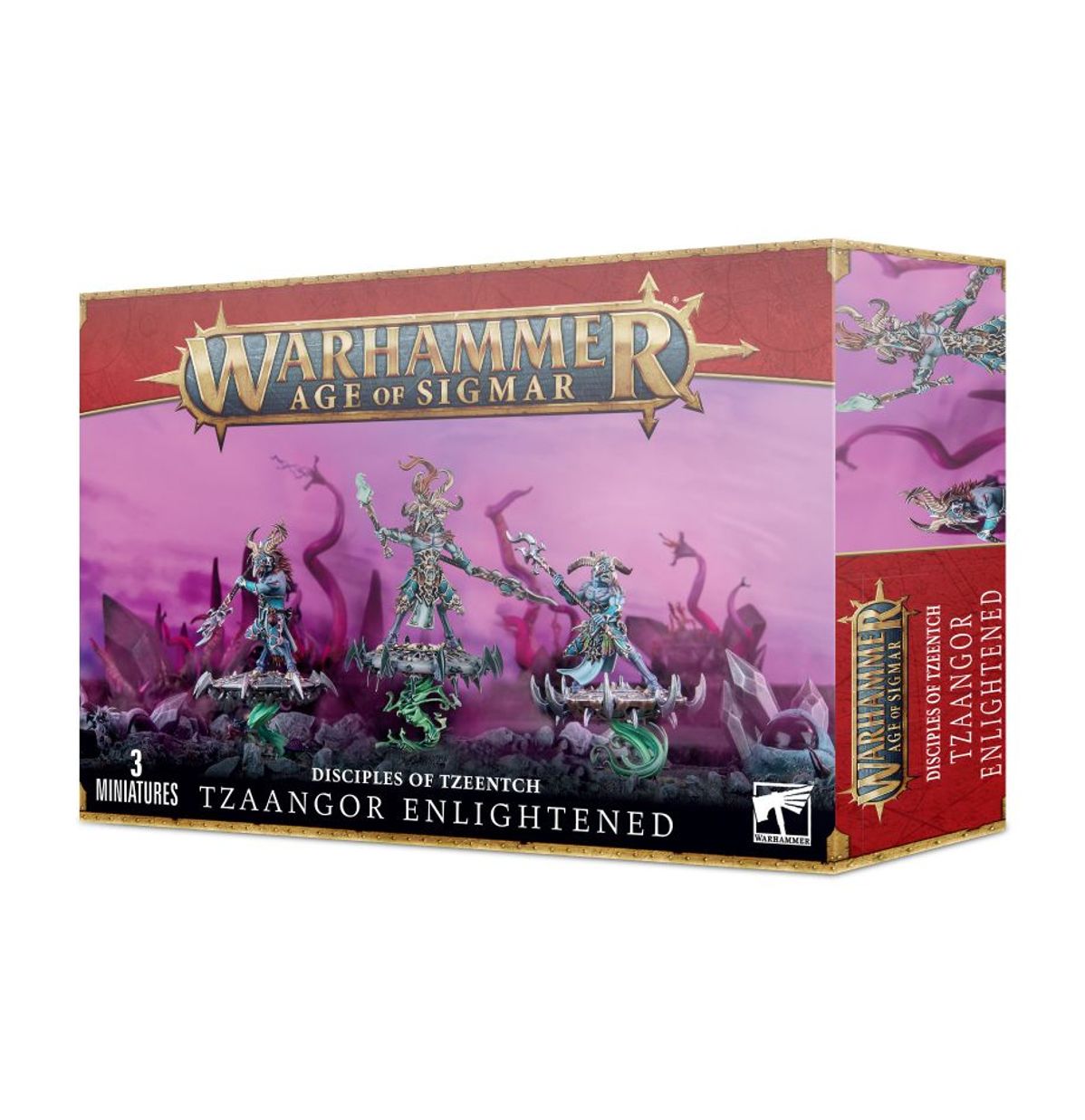 Warhammer Age of Sigmar - Disciples of Tzeentch - Tzaangor Enlightened - Warhammer Age of Sigmar Tzaangor Enlightened miniatures box with blue and purple bird-like warriors wielding weapons on a.