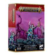 Warhammer Age of Sigmar - Disciples of Tzeentch - Curseling, Eye of Tzeentch - Warhammer Age of Sigmar Curseling miniature with intricate blue and gold armor, horned helmet, and staff, set on rocky base.