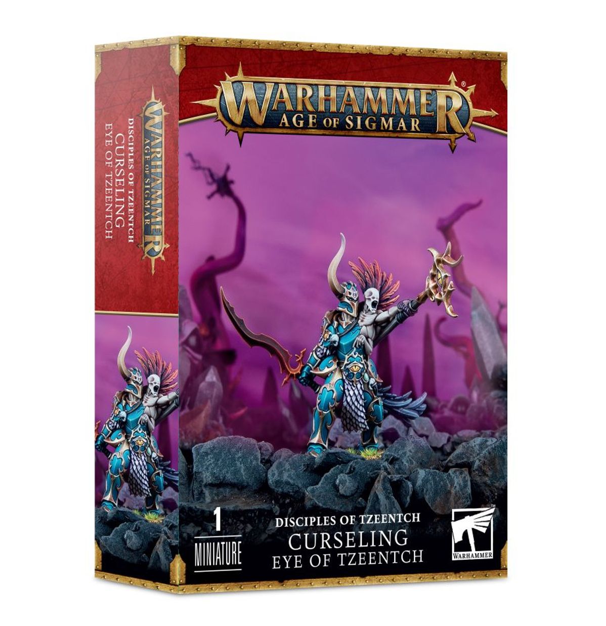 Warhammer Age of Sigmar - Disciples of Tzeentch - Curseling, Eye of Tzeentch - Warhammer Age of Sigmar Curseling miniature with intricate blue and gold armor, horned helmet, and staff, set on rocky base.