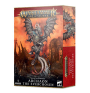 Warhammer Age of Sigmar - Slaves to Dakness - Archaon Everchosen - Warhammer Age of Sigmar Archaon Everchosen miniature box with fiery background and dragon-winged armored figure illustration.