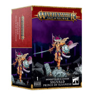 Warhammer Age of Sigmar - Hedonites of Slaanesh - Sigvald, Prince of Slaanesh - Warhammer Age of Sigmar box featuring Sigvald, Prince of Slaanesh miniature in gold and purple armor with sword and shield.