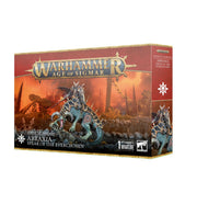 Warhammer Age of Sigmar - Slaves to Darkness - Abraxia, Spear of Everchosen - Warhammer Age of Sigmar box featuring Abraxia, armored warrior with a long spear riding a blue serpentine creature against a