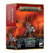 Warhammer Age of Sigmar - Slaves to Darkness - Darkoath Chieftain on Warsteed - Dark armored warrior mounted on a snarling warhorse with spiked armor and a raised sword against a fiery battlefield.