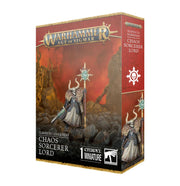 Warhammer Age of Sigmar - Slaves to Darkness - Chaos Sorcerer Lord - Box art of Warhammer Age of Sigmar Chaos Sorcerer Lord miniature featuring a warrior in dark armor wielding a staff topped.