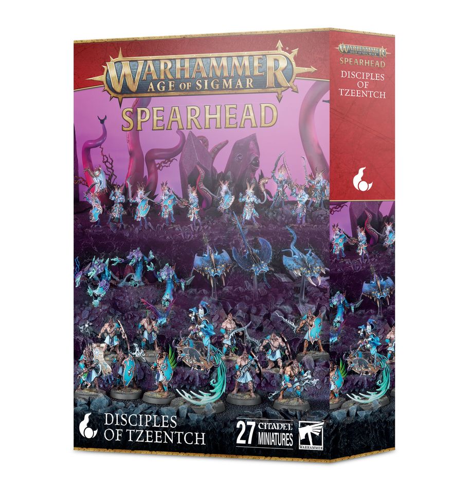 Warhammer Age of Sigmar - Disciples of Tzeentch - Spearhead Box - Box art for Warhammer Age of Sigmar Disciples of Tzeentch Spearhead set featuring 27 detailed blue and purple miniatures.