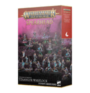 Warhammer Age of Sigmar - Disciples of Tzeentch - Tzaangor Warflock Spearhead - Warhammer Age of Sigmar Tzaangor Warflock Spearhead box with colorful Tzaangor miniatures wielding spears and ornate armor.