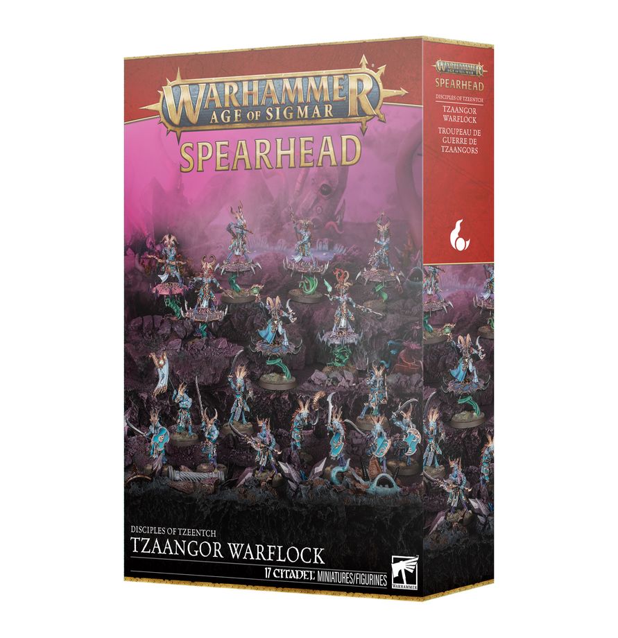 Warhammer Age of Sigmar - Disciples of Tzeentch - Tzaangor Warflock Spearhead - Warhammer Age of Sigmar Tzaangor Warflock Spearhead box with colorful Tzaangor miniatures wielding spears and ornate armor.