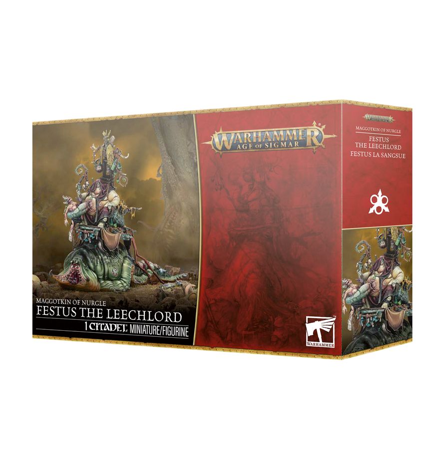 Warhammer Age of Sigmar - Maggotkin of Nurgle - Festus the Leechlord - Warhammer Age of Sigmar Festus the Leechlord miniature box with detailed painted figure and red decorative packaging.