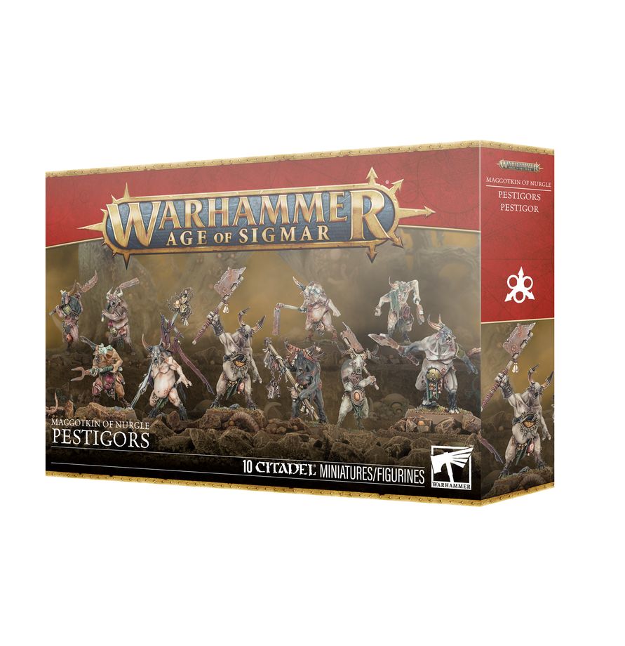 Warhammer Age of Sigmar - Maggotkin of Nurgle - Pestigors - Boxed set of Warhammer Age of Sigmar Pestigors miniatures featuring grotesque, mutated humanoid figures with decayed flesh.