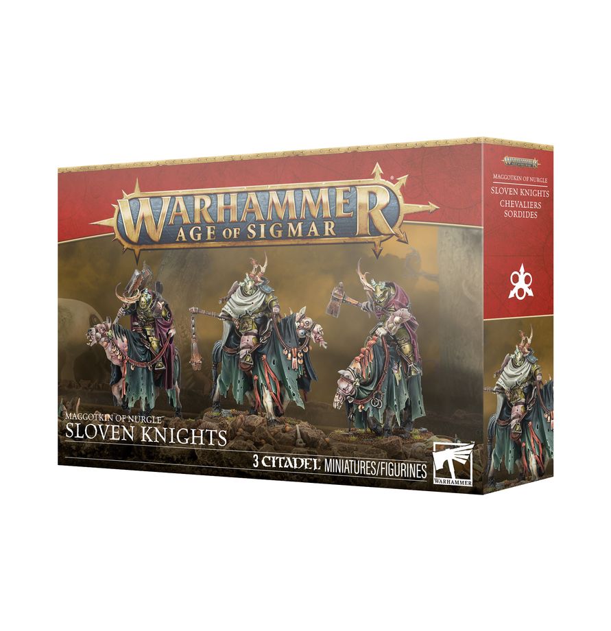 Warhammer Age of Sigmar - Maggotkin of Nurgle - Sloven Knights - Warhammer Age of Sigmar Sloven Knights set box featuring three detailed fantasy warrior miniatures with armor, robes, and.