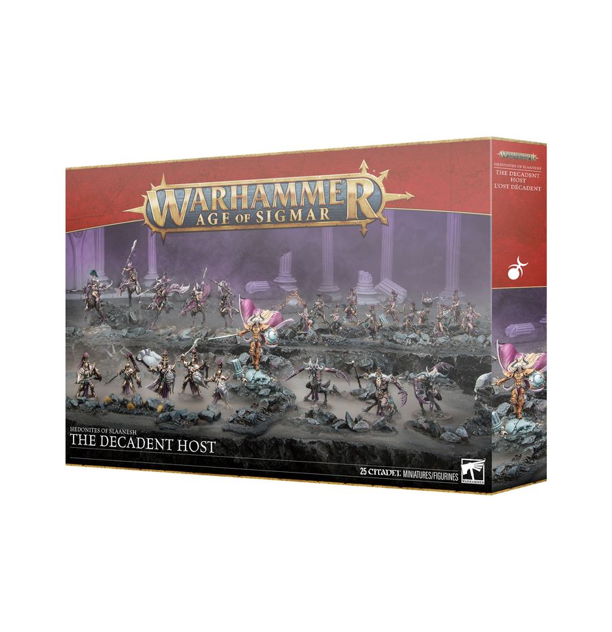 Warhammer Age of Sigmar - Hedonites of Slaanesh - The Decadent Host Battleforce (PREORDER) - Warhammer Age of Sigmar Decadent Host boxed set with detailed fantasy miniatures in dark and purple tones, featuring.