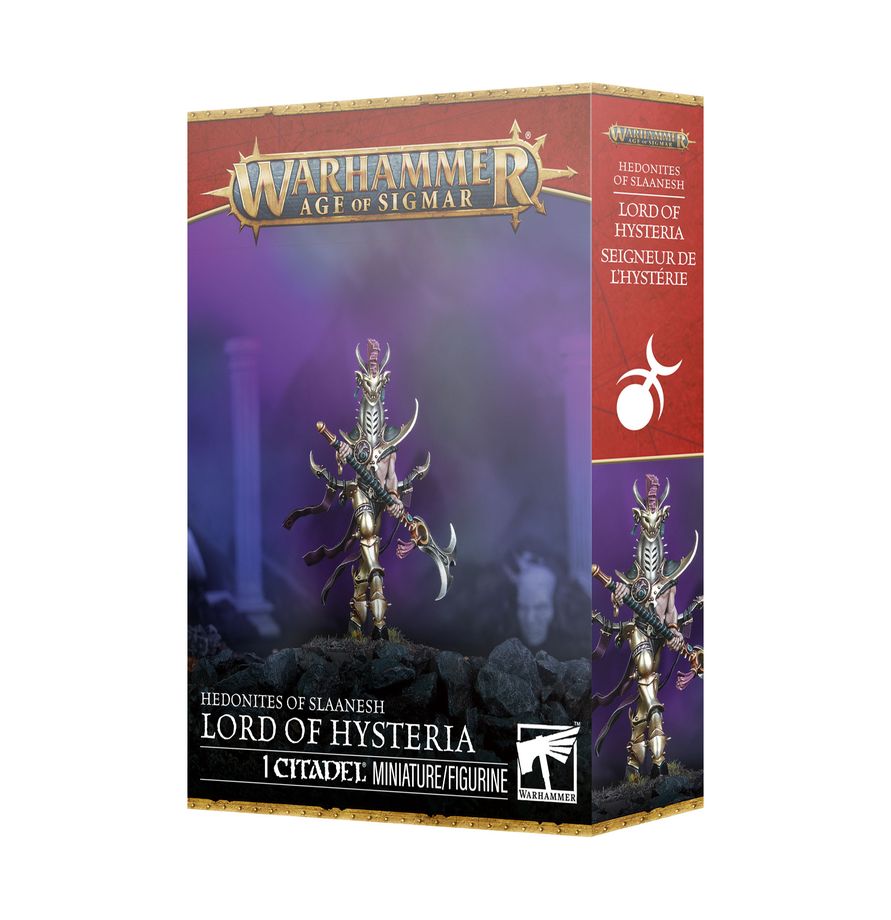 Warhammer Age of Sigmar - Hedonites of Slaanesh - Lord of Hysteria (PREORDER) - Boxed Warhammer Age of Sigmar Lord of Hysteria miniature kit showing a dark ornate fantasy warrior with gold and purple.