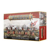 Warhammer Age of Sigmar - Cities of Sigmar - Freeguild Fusiliers - Warhammer Age of Sigmar Freeguild Fusiliers box with detailed miniatures on battle scene background and red banner accents.
