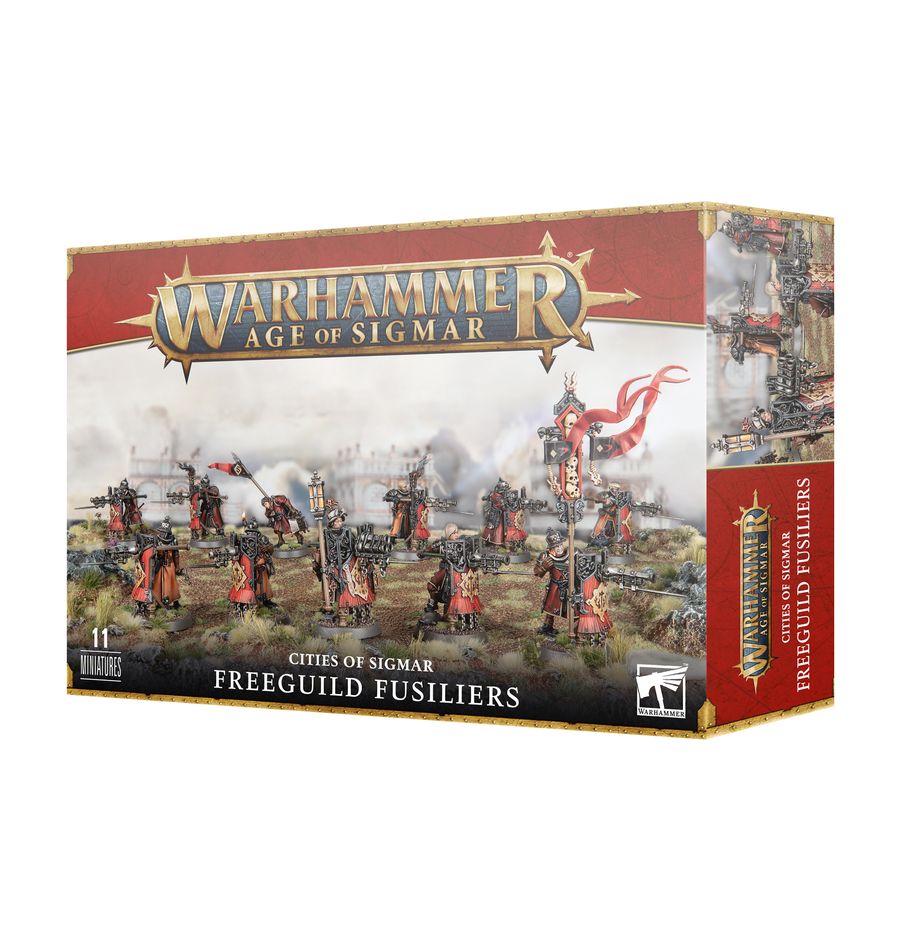 Warhammer Age of Sigmar - Cities of Sigmar - Freeguild Fusiliers - Warhammer Age of Sigmar Freeguild Fusiliers box with detailed miniatures on battle scene background and red banner accents.
