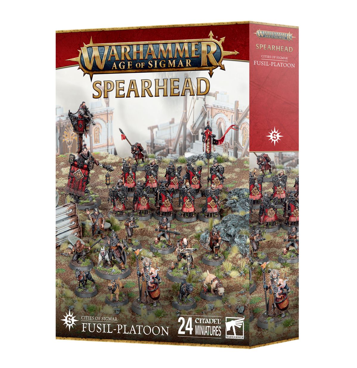 Warhammer Age of Sigmar: Spearhead: Cities of Sigmar – Fusil-Platoon - Warhammer Age of Sigmar Spearhead Fusil-Platoon box featuring detailed miniatures of warriors in red and black armor with.