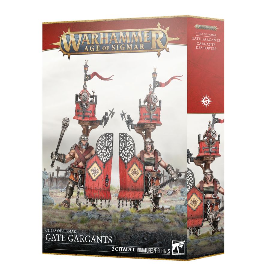 Warhammer Age of Sigmar - Cities of Sigmar - Gate Gargants (PREORDER) - Warhammer Age of Sigmar Gate Gargants box featuring two large red and gold mechanical giants with shields and spears on.
