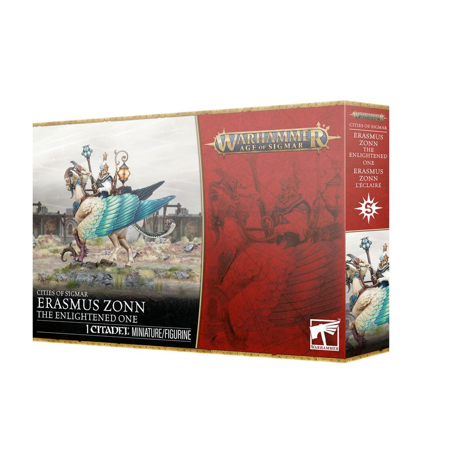 Warhammer Age of Sigmar - Cities of Sigmar - Erasmus Zonn the Enlightened One (PREORDER) - Warhammer Cities of Sigmar Erasmus Zonn miniature box with red and beige design and fantasy artwork.