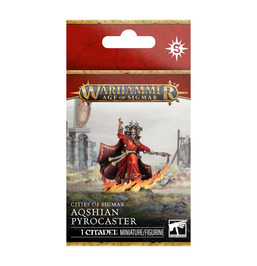 Warhammer Age of Sigmar - Cities of Sigmar - Aqshian Pyrocaster (PREORDER) - Warhammer Age of Sigmar Aqshian Pyrocaster miniature box with fiery mage in red and black robes holding flaming staff.