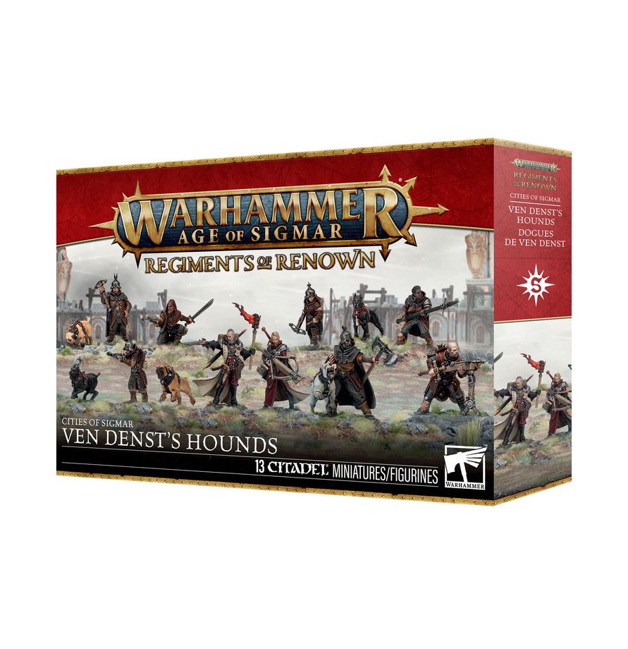 Warhammer Age of Sigmar - Cities of Sigmar - Ven Denst's Hounds Regiment of Renown (PREORDER) - Boxed set of detailed plastic miniatures featuring armored warriors and large hound creatures in dynamic battle poses, with.