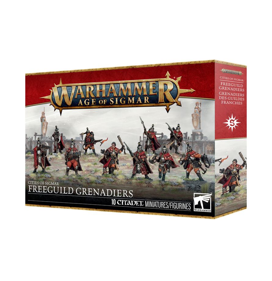 Warhammer Age of Sigmar - Cities of Sigmar - Freeguild Grenadiers (PREORDER) - Warhammer Age of Sigmar Freeguild Grenadiers box featuring detailed miniature infantry armed with muskets and melee weapons,