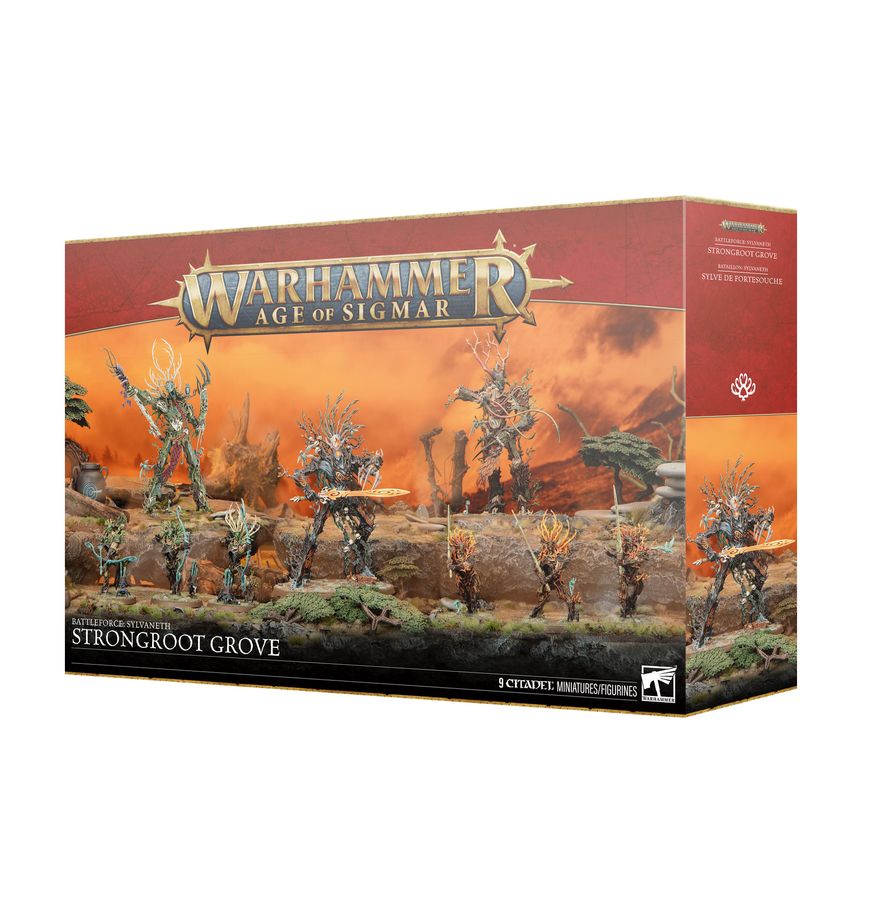 Warhammer Age of Sigmar - Sylvaneth - Strongroot Grove Battleforce - Warhammer Age of Sigmar Strongroot Grove battleforce box with detailed Sylvaneth tree warriors and forest creatures on fiery