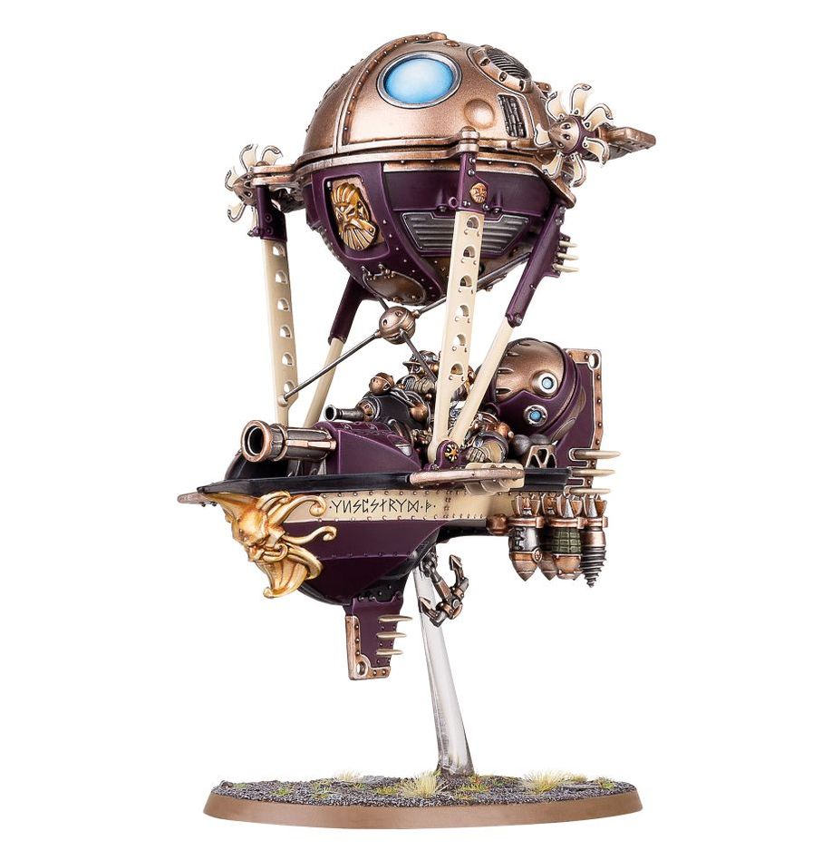 Warhammer Age of Sigmar - Kharadron Overlords - Grundstok Trailblazers Spearhead - Bronze and purple steampunk airship model with large balloon, cannons, and mechanical details on clear stand.