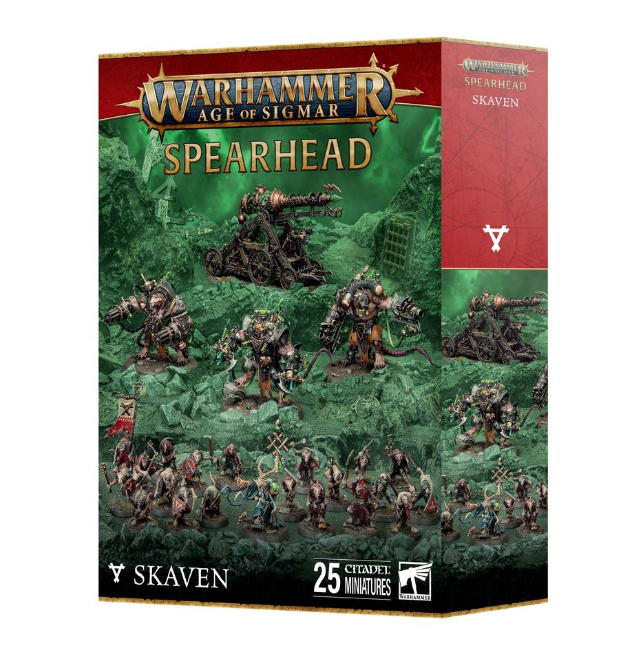 Warhammer Age of Sigmar - Skaven - Spearhead - Warhammer Age of Sigmar Skaven Spearhead box featuring green-themed artwork and detailed fantasy rat warrior miniatures in.