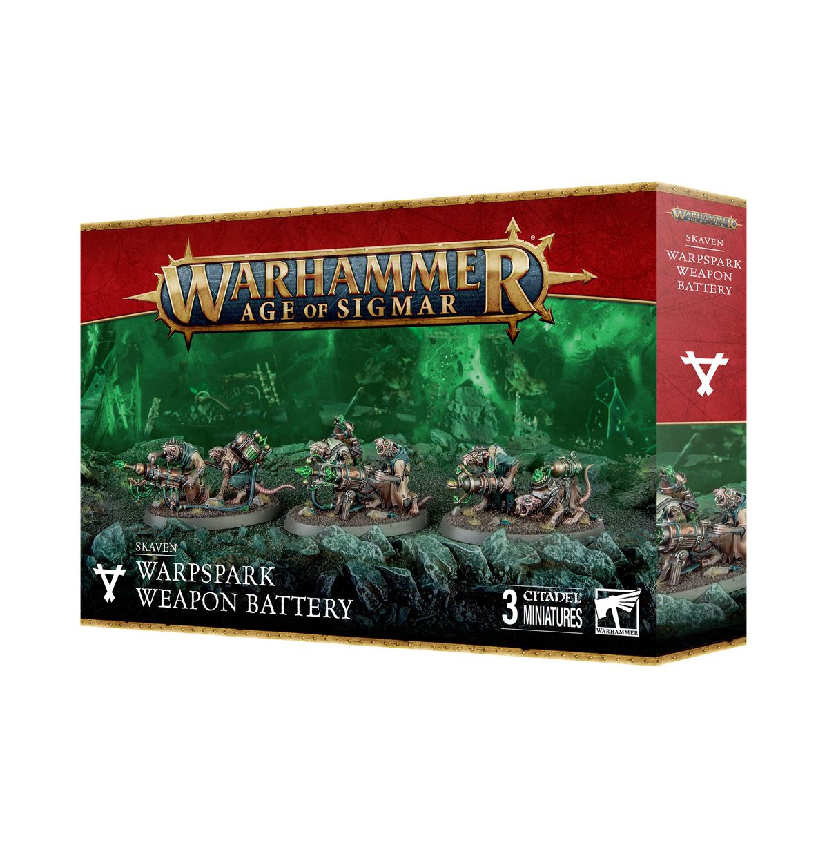 Warhammer Age of Sigmar - Skaven - Warpspark Weapon Battery - Warhammer Age of Sigmar Skaven Warpspark Weapon Battery box with green and red fantasy artwork and logo.