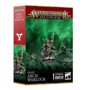 Warhammer Age of Sigmar - Skaven - Arch-Warlock - Skaven Arch-Warlock miniature with dark armor, staff, and ornate details on round base against green mist background.