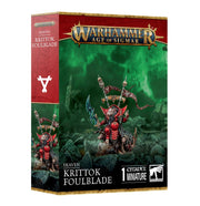 Warhammer Age of Sigmar - Skaven - Krittok Foulblade - Krittok Foulblade Skaven miniature in red and black armor holding two curved blades with spiked banner on back, rocky green.