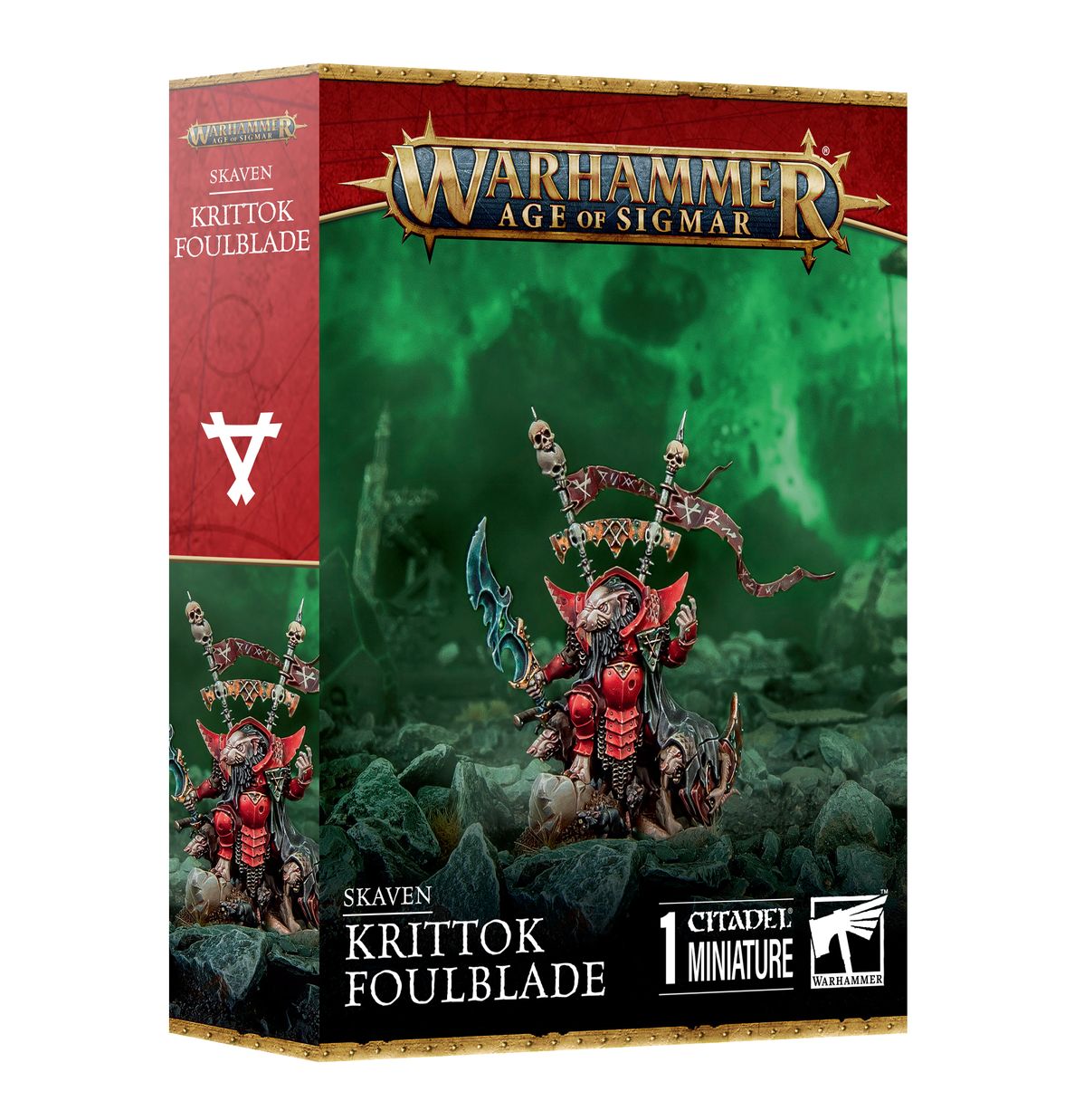 Warhammer Age of Sigmar - Skaven - Krittok Foulblade - Krittok Foulblade Skaven miniature in red and black armor holding two curved blades with spiked banner on back, rocky green.