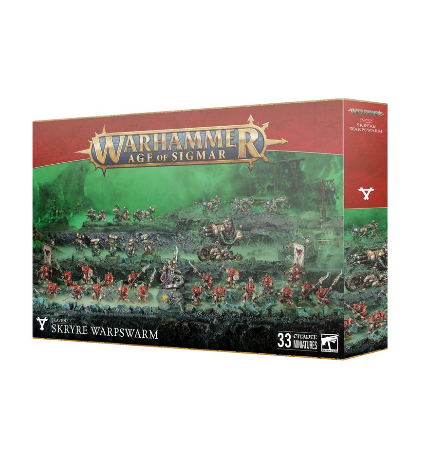 Warhammer Age of Sigmar - Skaven - Skryre Warpswarm - Warhammer Age of Sigmar Skaven Skryre Warpswarm boxed set with detailed fantasy battle scene artwork and green background.
