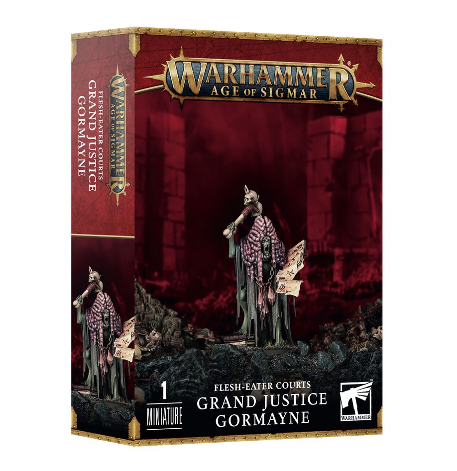 Warhammer Age of Sigmar - Flesh-Easter Courts - Grand Justice Gormayne - Warhammer Age of Sigmar Grand Justice Gormayne miniature box featuring dark red and black fantasy artwork with a skeletal.