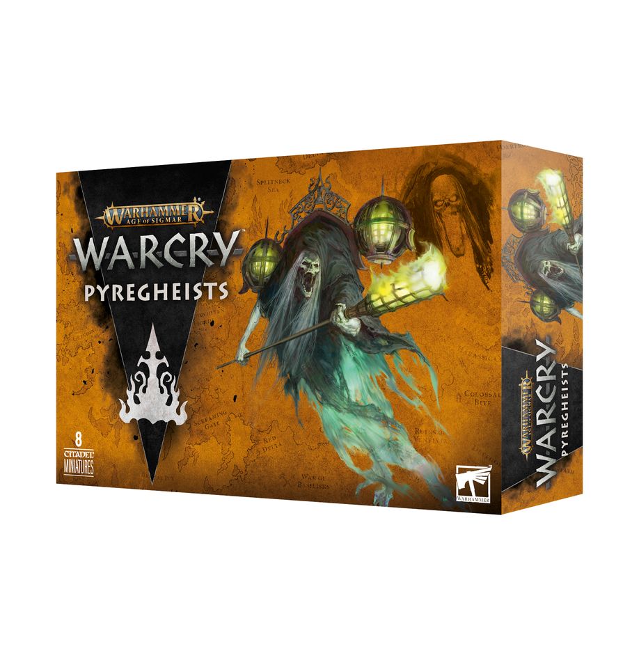 Warhammer Age of Sigmar - Warcry - Pyregheists - Warhammer Warcry Pyregheists box art featuring ghostly blue and green spectral figures holding lanterns on an orange.