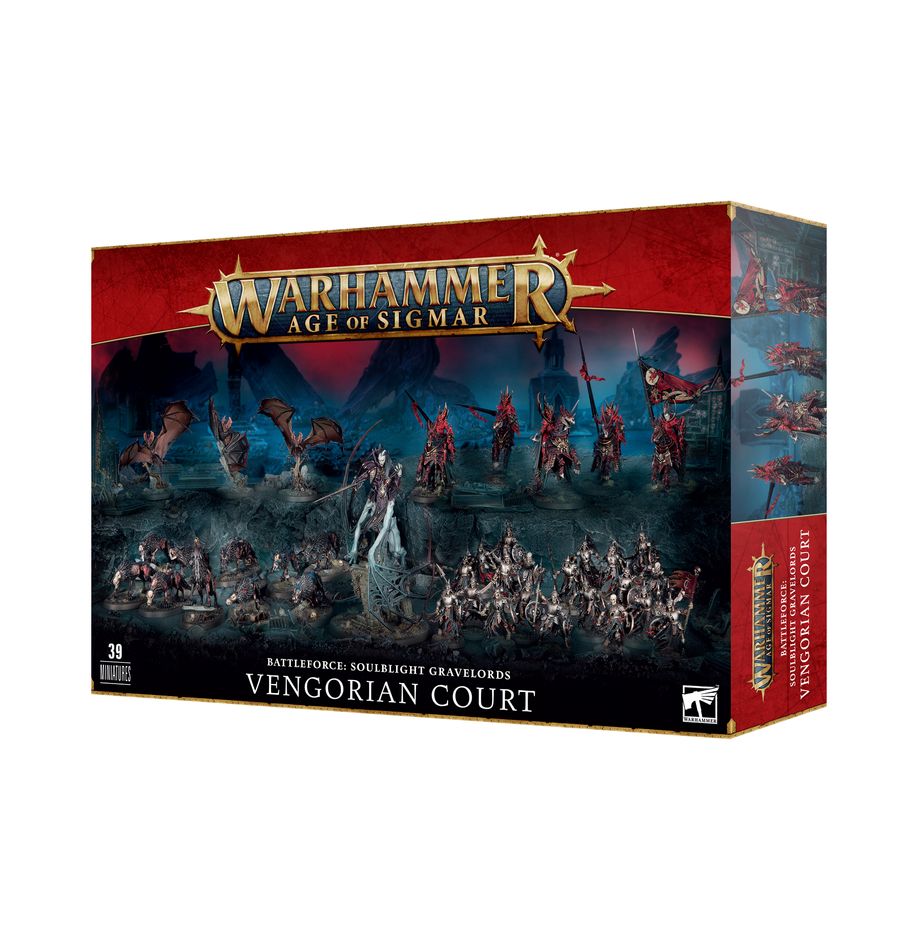 Warhammer Age of Sigmar - Soulblight Gravelords - Vengorian Court - Boxed Warhammer Age of Sigmar Soulblight Gravelords Vengorian Court miniature set with undead warrior models on cover.