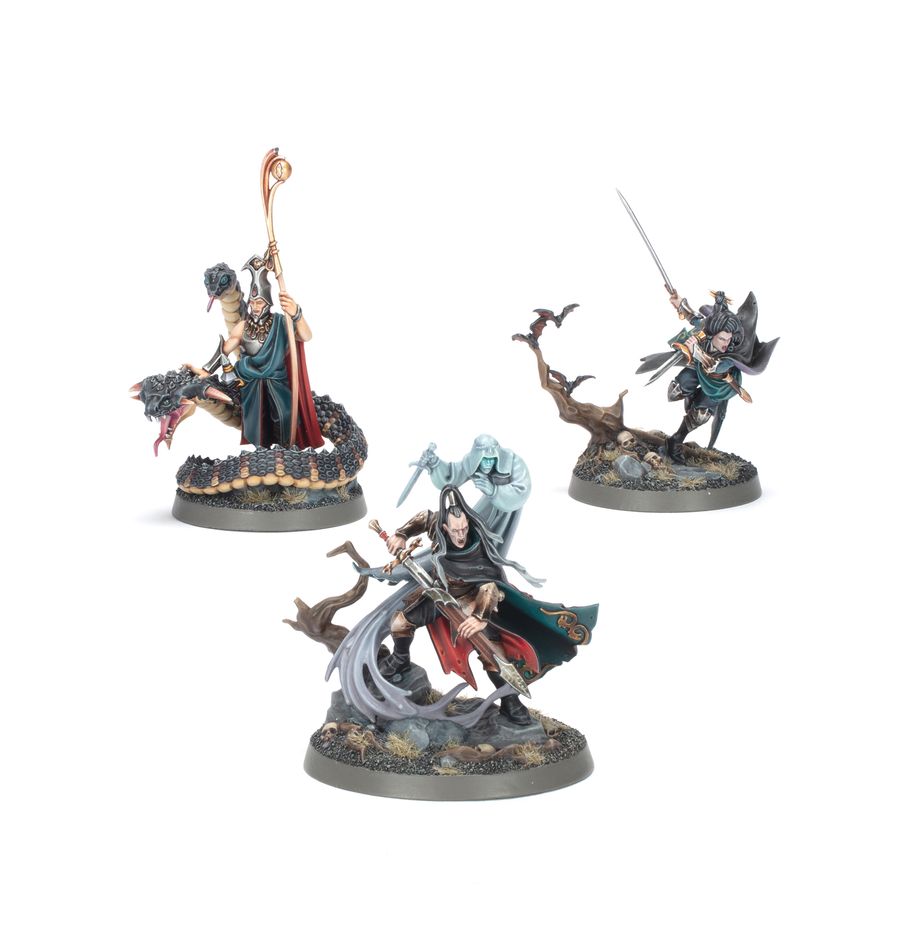 Warhammer Age of Sigmar - Soulblight Gravelords - Blades of the Hollow King - Three detailed fantasy miniature warrior figures in dark armor with blue and red accents, posed dynamically with weapons and