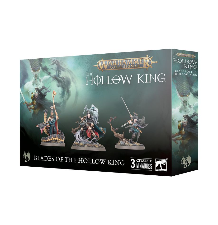 Warhammer Age of Sigmar - Soulblight Gravelords - Blades of the Hollow King - Warhammer Age of Sigmar Hollow King box featuring detailed undead warrior miniatures with weapons and armor on dark fantasy.