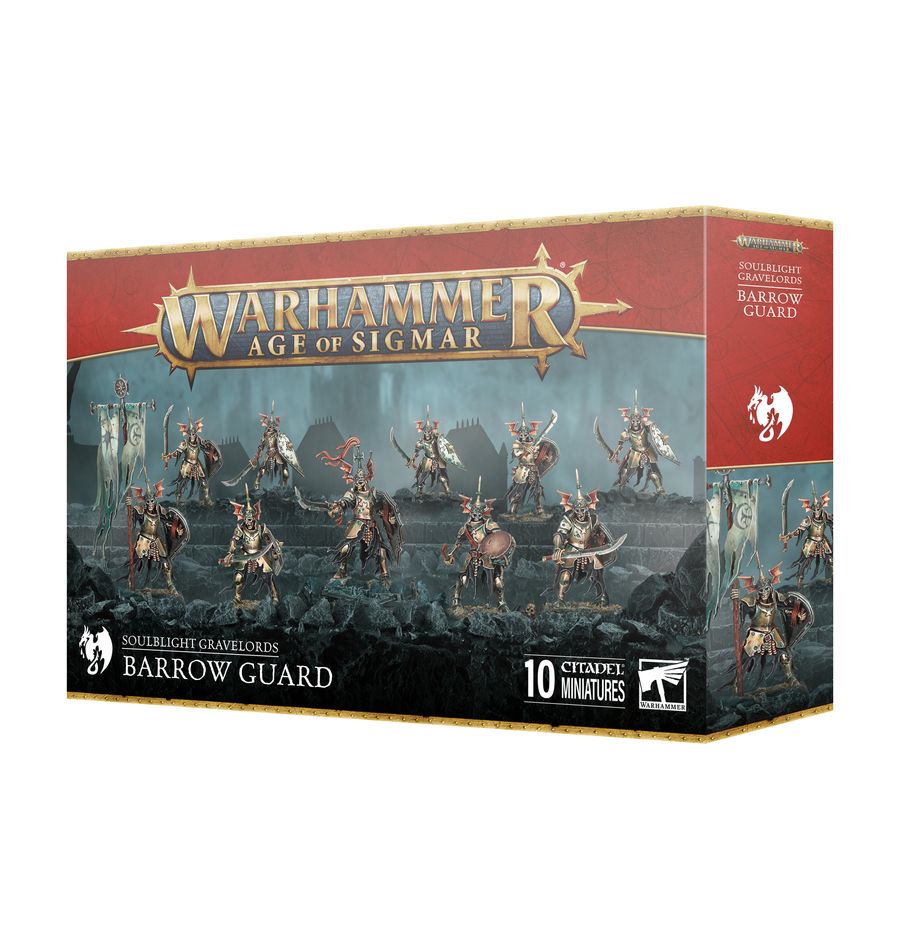 Warhammer Age of Sigmar - Soulblight Gravelords - Barrow Guard - Box set featuring 10 unpainted Barrow Guard skeleton warrior miniatures with detailed armor and weapons for Warhammer Age of