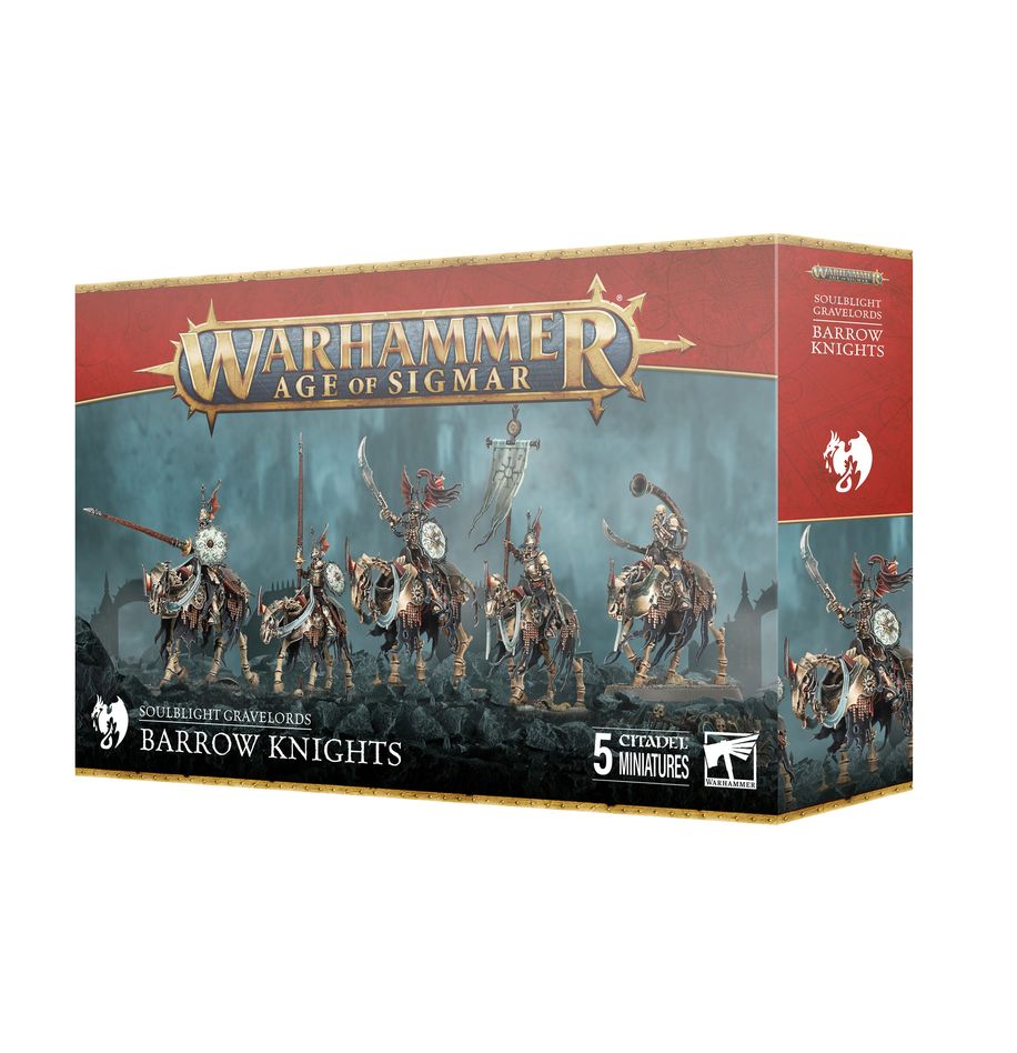 Warhammer Age of Sigmar - Soulblight Gravelords - Barrow Knights - Boxed set of five unassembled Warhammer Age of Sigmar Barrow Knights miniatures with skeletal horse riders wielding weapons.