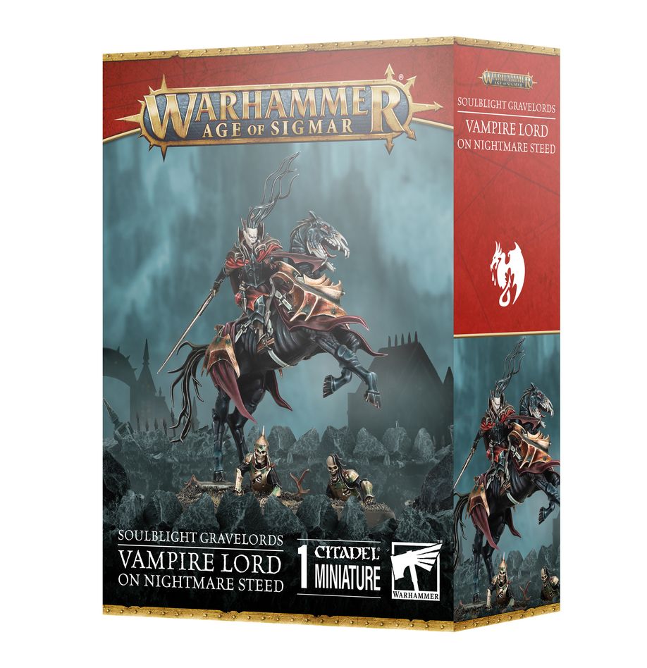 Warhammer Age of Sigmar - Soulblight Gravelords - Vampire Lord on Nightmare Steed - Detailed miniature of a dark armored vampire lord riding a rearing skeletal nightmare horse with flowing cape and weapons.