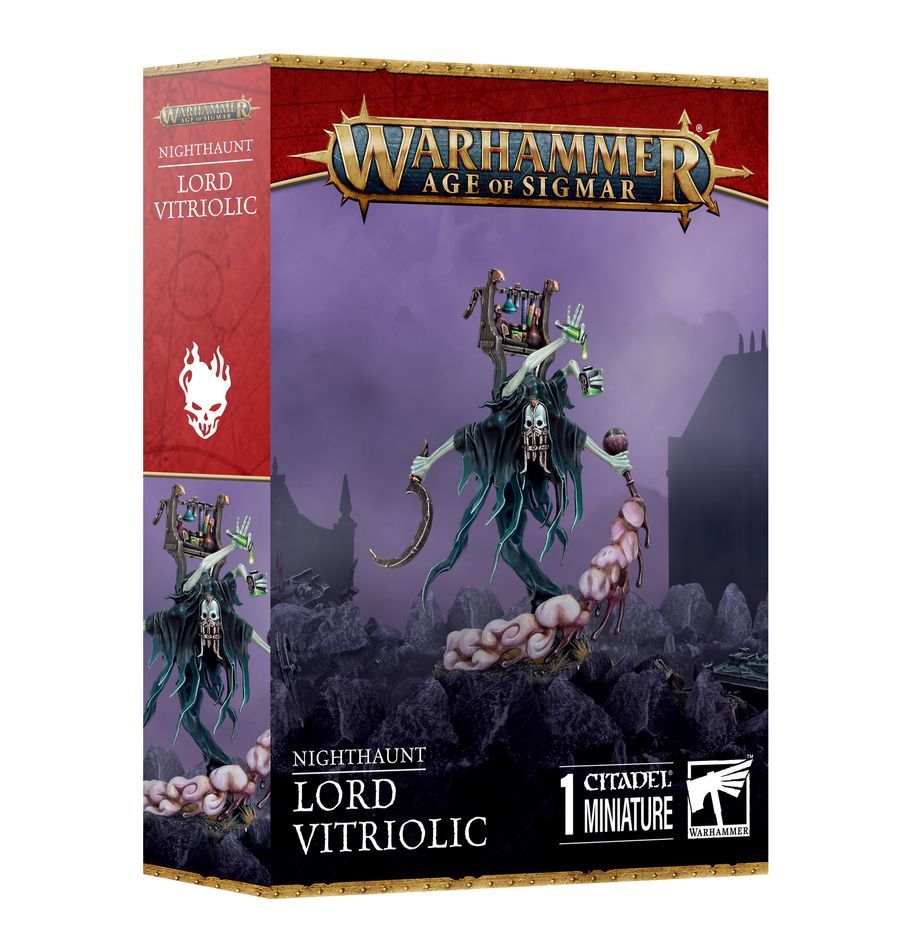 Warhammer Age of Sigmar - Nighthaunt - Lord Vitriolic - Warhammer Age of Sigmar Lord Vitriolic miniature with ghostly green and purple hues, floating spectral figure wielding a.
